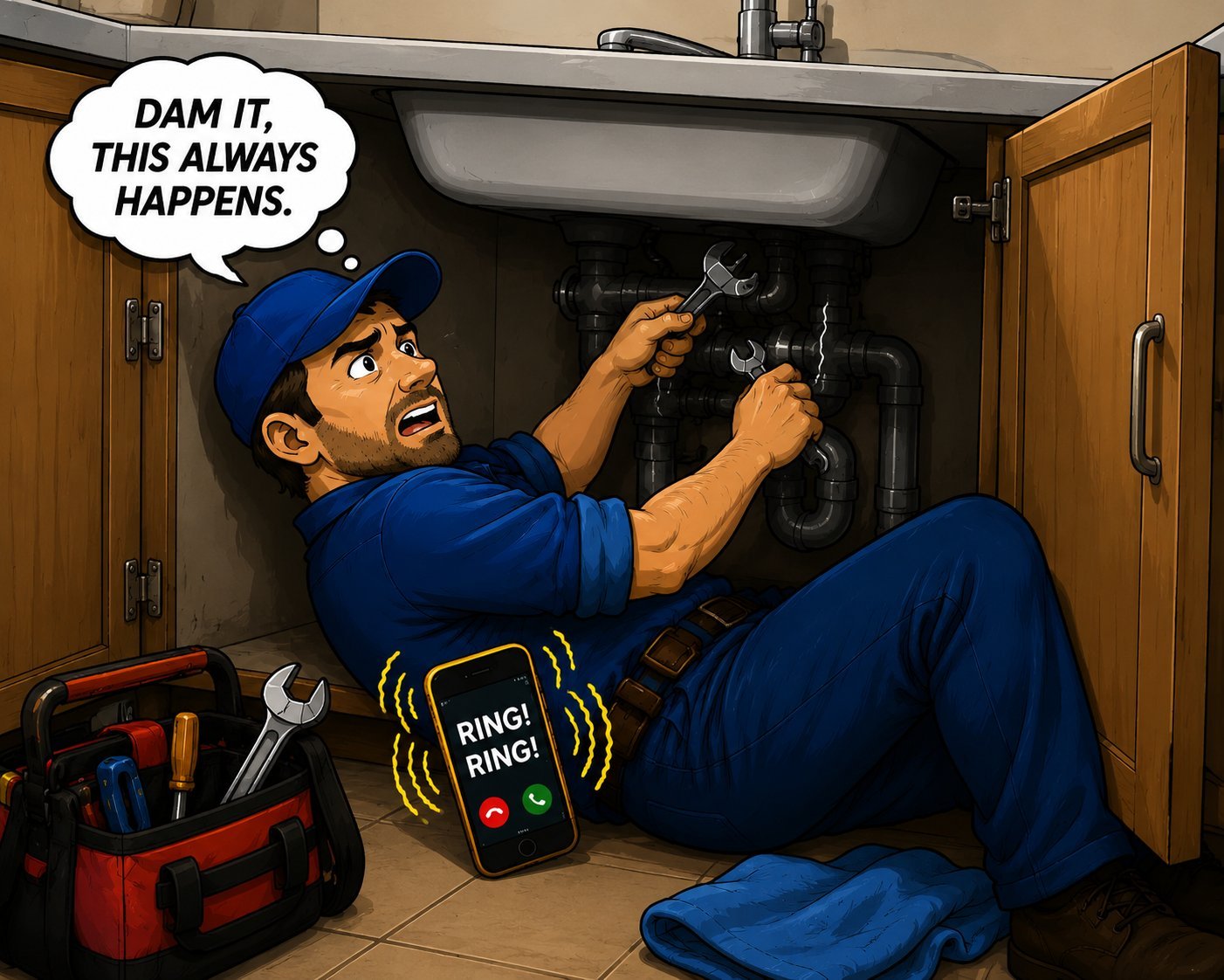 Plumber under a sink unable to answer the phone while AI Employee 365 texts the customer back
